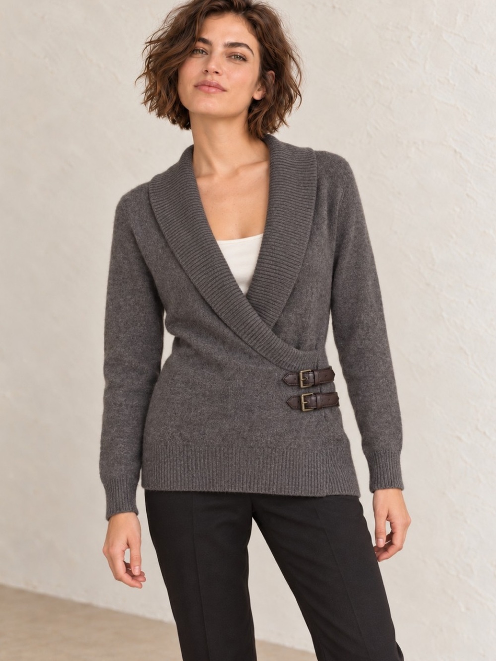 Angora Blend Taupe Wrap Sweater Buckle Detail. Elevated Cozy Chic